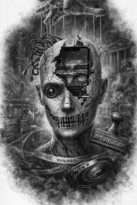 Skull with gears and wires in black and grey. AI-generated tattoo concept, project idea, ideal for cover-up.