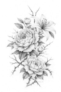 Black and grey pencil sketch of a rose bouquet with leaves and stems; grayscale linework; tattoo design concept for a potential piece.