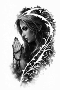 Black and grey tattoo design featuring a woman's head and praying hands, surrounded by ornamental filigree; AI-generated concept.
