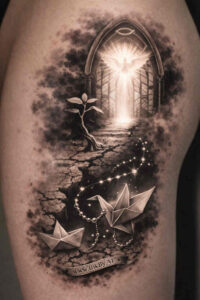 Black and grey tattoo concept of a doorway in a forest with moonlight, trees, and stars; AI-generated, project idea, cover-up ready.