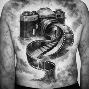 Camera and curling film strip tattoo design in black and grey realism; a project idea.
