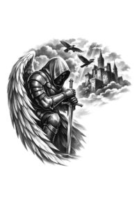 Black and grey winged knight with armor and cloak, seated in a moody scene; AI-generated project idea; ideal for cover-up.
