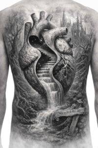 Two koi fish in black and grey realism swim around a waterfall on the back, with a forest backdrop; a project idea perfect for a cover-up.