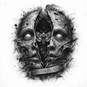 Black and grey tattoo design of two split skull faces with a central geometric core; a dark, AI-generated concept, perfect for a cover-up.