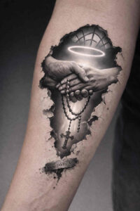 Black and grey tattoo design depicting torn skin with a circular emblem emerging, an AI-generated concept for a potential cover-up.