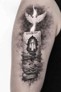 A black and grey tattoo concept featuring a white dove in flight above a hand gripping a lantern, grayscale with subtle halo shading; this is a project/idea.