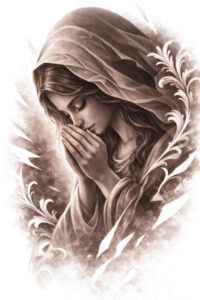 Mary in a hooded cloak, praying hands, in black and grey; AI-generated tattoo concept for a religious portrait, suitable as a project idea.