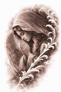 Portrait of a praying woman in sepia grayscale with veil and ornate scrolls; black and grey tattoo idea, project concept.