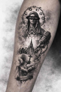Hooded figure with halo in black and grey, AI-generated tattoo design idea, cover-up suitable.