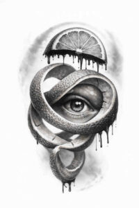 Eye inside a looping serpent with dripping ring and teardrop, in black and grey tattoo design; project idea, cover-up suitable.