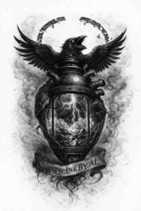 Viking helmet with wings in black and grey, AI-generated tattoo design; project idea, cover-up suitability, bold shading visible.