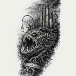 Monster with city skyline in black and grey, AI-generated concept design, cover-up-friendly.