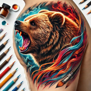 Bear tattoo design in full color featuring a roaring bear head with blue and orange flames; visible color pencils, brushes, and an ink bottle; tattoo project idea; not for cover-up.