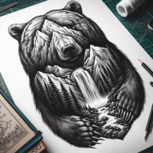 Bear silhouette merged with mountain landscape and a waterfall in black and grey; tattoo project, cover-up ready.