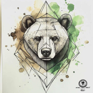 Bear portrait inside a geometric diamond frame; black line work with green and brown watercolor; tattoo project; pattern present; not ideal for cover-up.