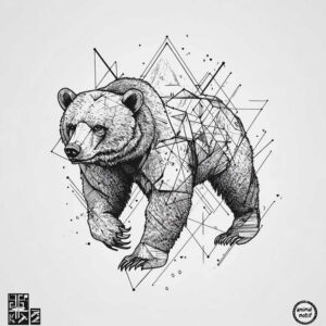 Bear in black and grey linework with geometric triangles and lines; tattoo project idea; not suitable for a cover-up.