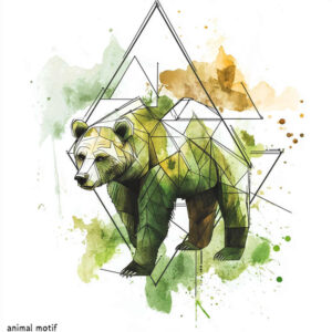 Panda, geometric triangles, and green-yellow watercolor splashes; color tattoo design idea, suitable for cover-up.