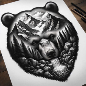 Bear silhouette with mountain landscape, pine trees, waterfall, and rocks in black and grey; project idea, suitable for a cover-up.