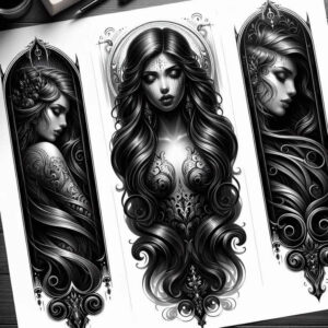 Black and grey Aphrodite-inspired tattoo design featuring a regal goddess with flowing hair and ornate filigree garments; concept sketch for cover-up.