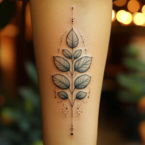 Stem and leaves in black and grey with dotwork on forearm; a fine-line tattoo project featuring a central stem, leaves, and dotted decoration; suitable for a cover-up.