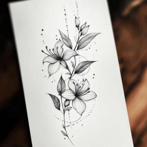 Black and grey floral tattoo design on white paper; a tall stem with two blossoms, several leaves, and dotted accents; pattern element for a tattoo project.