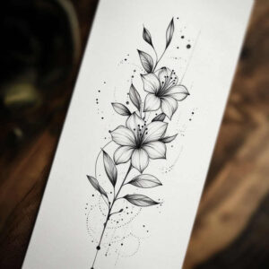 Lilies, leaves, slender stem in black and grey with dotwork accents; tattoo design concept, suitable for cover-up.