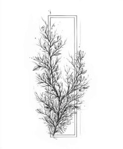 Black and grey: branch, leaves, and frame; tattoo design idea (AI-generated); not specifically a cover-up.