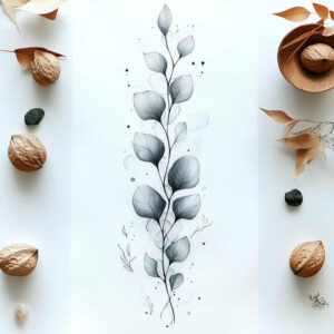 Branch, leaf, walnut, bowl, paper in black and grey on white background; tattoo project; not ideal for cover-up.