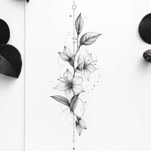 Black and grey fine-line floral tattoo along a vertical stem with blossoms and leaves; AI-generated tattoo project.
