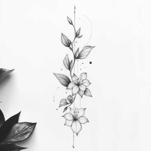 Stem-centered floral linework in black and grey with lily blooms and leaves; a tattoo design concept, ideal for a cover-up.