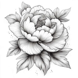 Peony with layered petals and leaves in black and grey; tattoo design idea, project concept. Not suitable as a cover-up.