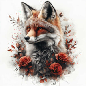 Colorful fox head in orange-brown fur with red roses and leaves, in color; project concept; not ideal for cover-up.