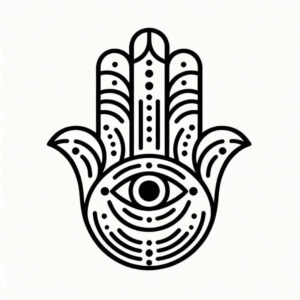Black-and-grey line art of a Hamsa hand with a centered eye; tattoo design idea, black ink, cover-up suitable.