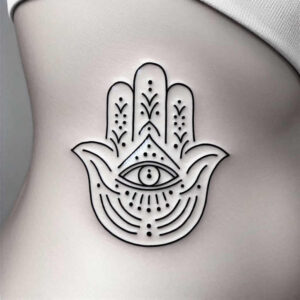 Hamsa hand with eye in palm in black and grey; AI-generated tattoo project concept; Jesus-inspired protective design; not ideal for cover-up.