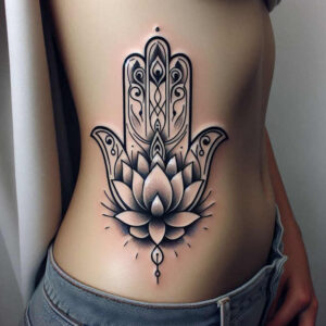 Hamsa hand and lotus in black and grey; tattoo design project, featuring pattern; suitable for cover-up.