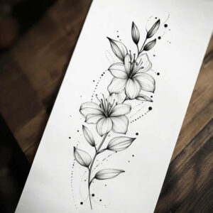 Black and grey fine line tattoo design: vertical stem with five-petal blossoms and leaves, dotted accents; project idea, not ideal for cover-up.