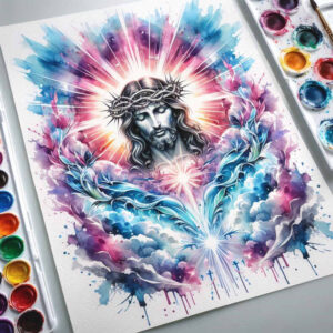 Colorful Jesus portrait with radiant halo in a watercolor harmony; visible elements are halo, face of Jesus, robe, and blue swirls with leaf accents; project concept; cover-up suitability: not ideal.