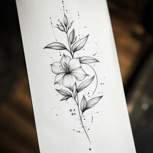 Lily stem with leaves and petals rendered in black and grey linework; tattoo idea; cover-up: not ideal.