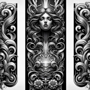 Black and grey tattoo concept of a crowned Aphrodite-inspired woman with ornate headpiece, AI-generated design; ideal for cover-up.