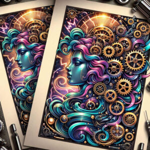 Colorful Aphrodite-inspired steampunk goddess tattoo design in color, concept art showing a turquoise-faced portrait with flowing purple hair and golden gears.