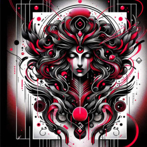 Color tattoo featuring a central Aphrodite-inspired female face with an ornate headdress, flowing hair, red orb at the chest, and symmetrical decorative panels; vivid red and black hues; concept art; cover-up suitable.
