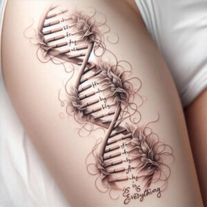 Spine-like ladder with flowers and curling vines in black and grey; project tattoo, not specifically for cover-up.