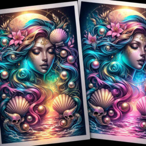 Colorful Aphrodite-inspired sea goddess tattoo design featuring a female portrait framed by shells, pearls, coral, and flowing teal-pink hair; concept art.