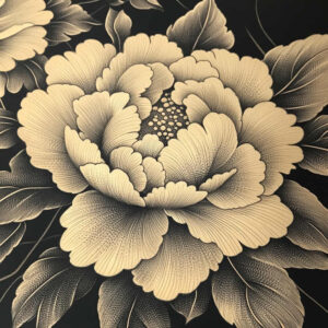 Peony with leaves in black and grey on a dark background; tattoo project, cover-up ready.