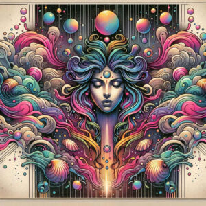 Colorful tattoo design concept of Aphrodite-inspired portrait with flowing hair, clouds and orbs; color illustration, project idea.