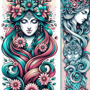 Color tattoo design concept inspired by Aphrodite, showing a woman's head with a floral crown, flowing teal and pink hair, and ornamental swirls; color tattoo; concept.