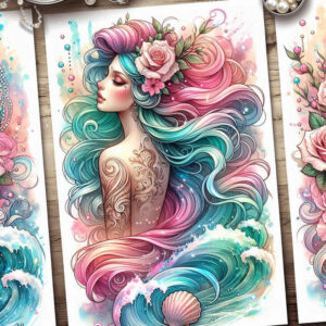 Colorful full-color tattoo design concept of an Aphrodite-inspired sea nymph with flowing hair, seashells, and rose accents against an ocean backdrop; concept art.