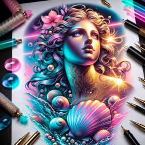 Colorful Aphrodite-inspired goddess portrait in blue and purple tones with pink flowers, seashell, pearls, and bubbles; color; concept design, not a tattoo yet; not a cover-up.