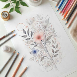 A watercolor floral tattoo design concept with pink blossom, blue blossom, and gray leaves drawn on white paper; pencil sketch ready for tattoo idea.