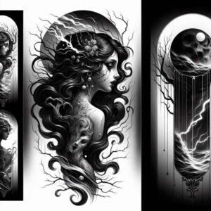 Black and grey Aphrodite-inspired tattoo design in three panels showing a goddess profile with flowing hair and a dagger motif; AI-generated concept; cover-up.
